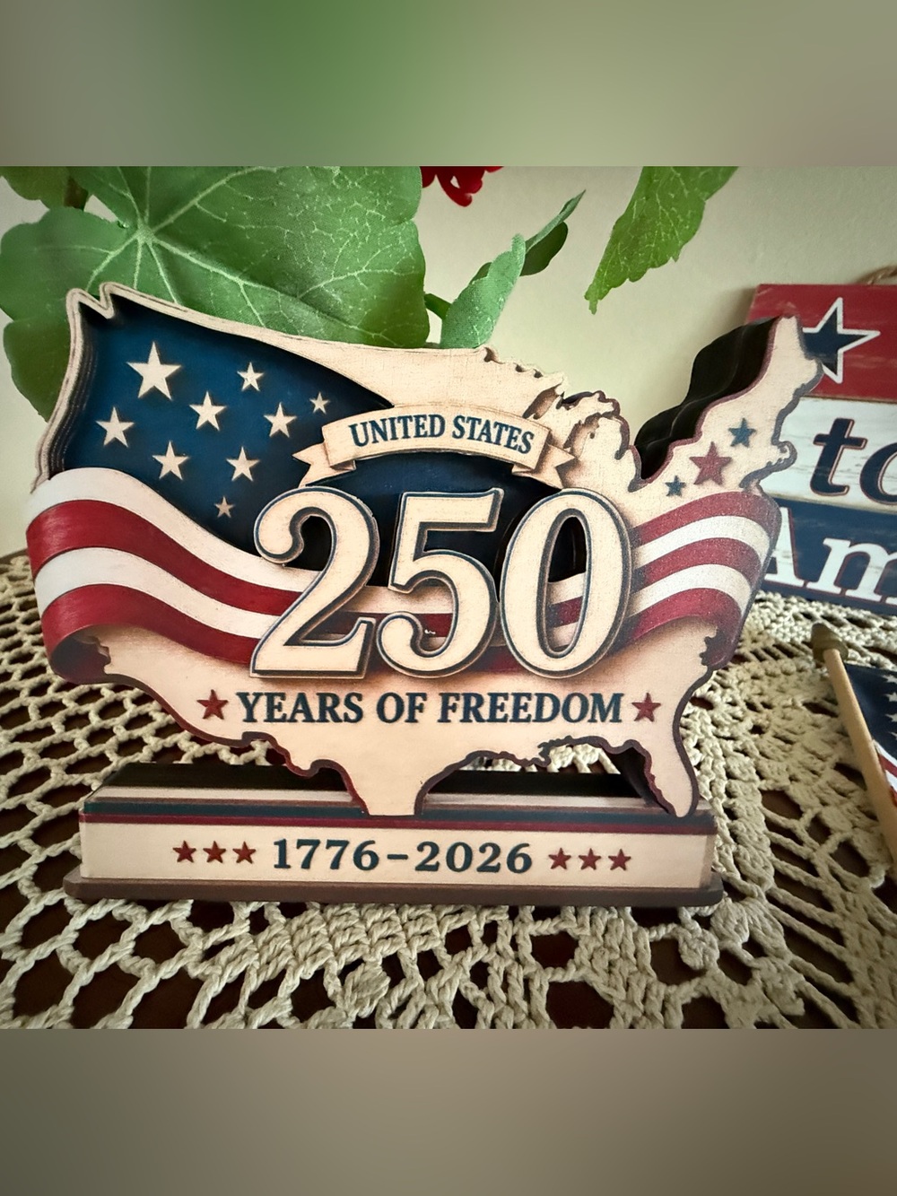 250 Years of Freedom Wooden USA Plaque - Patriotic Red, White & Blue